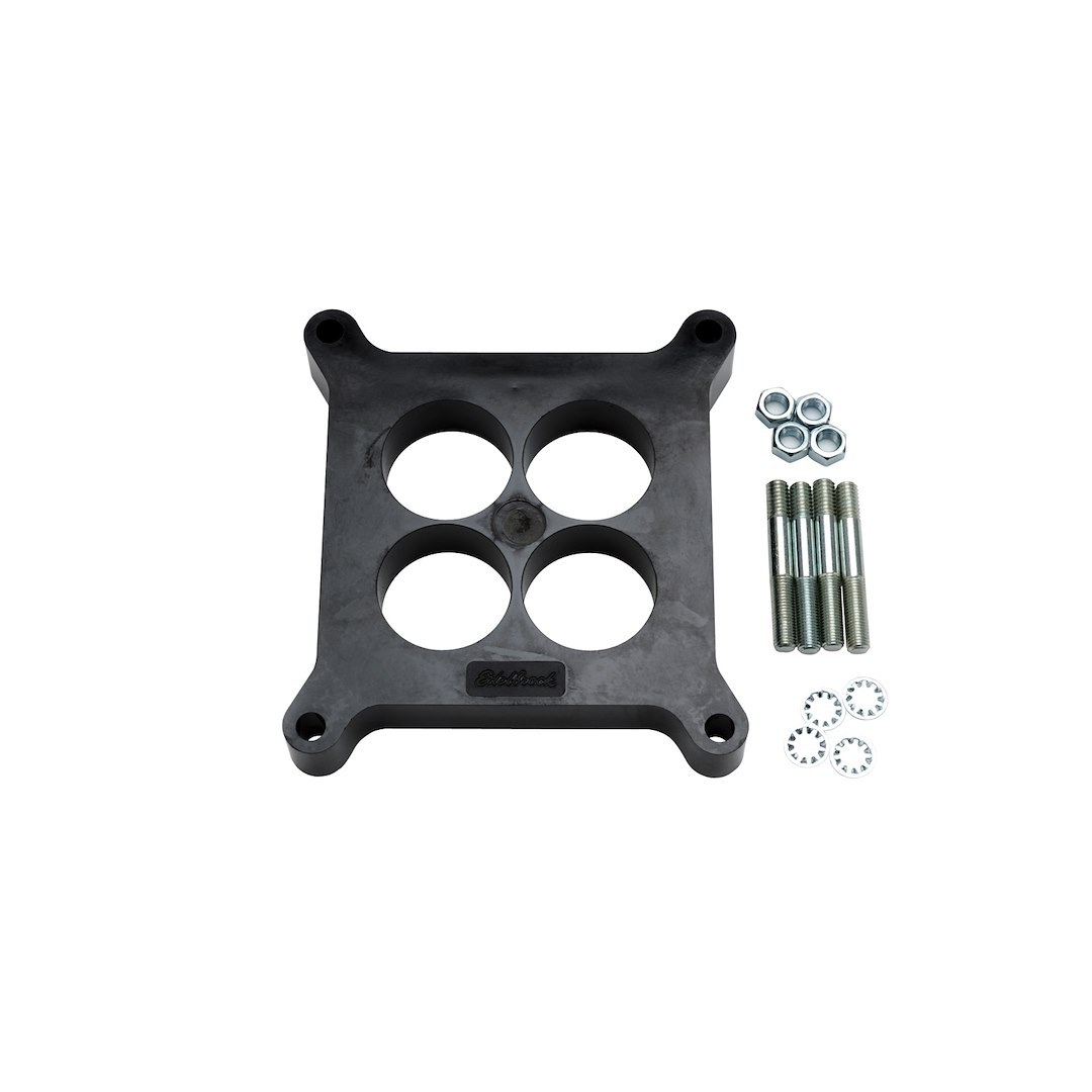 Edelbrock Carburetor Spacer, For Use with Square Bore Flange, 4-HOLE Center, 1 Inch Thick, Black, Phenolic Plastic, Studs and Washers – 8711