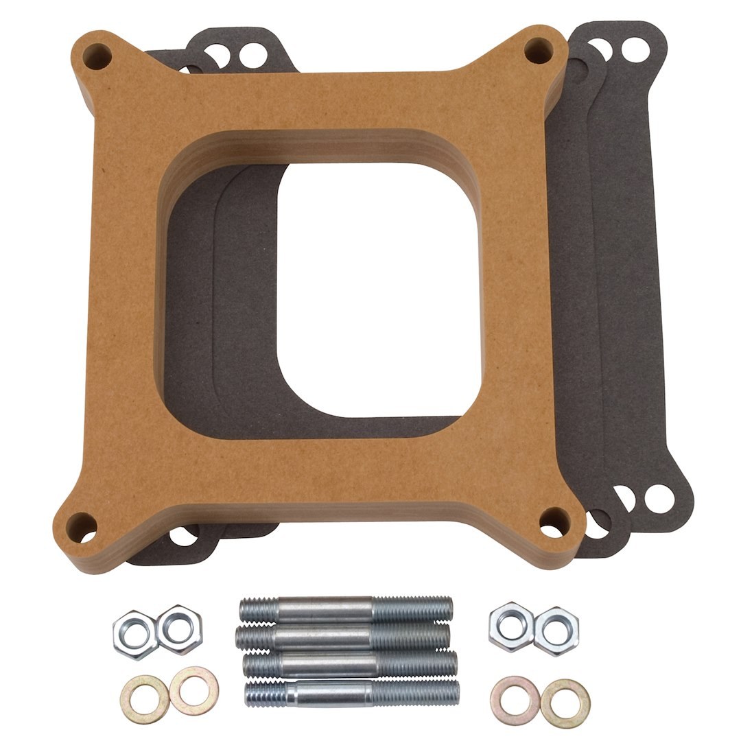 Edelbrock Carburetor Spacer, For Use with Square Bore Flange, Open Center, 1 Inch Thick, Laminate, Wood Fiber, With Gasket, Studs and Washers – 8720