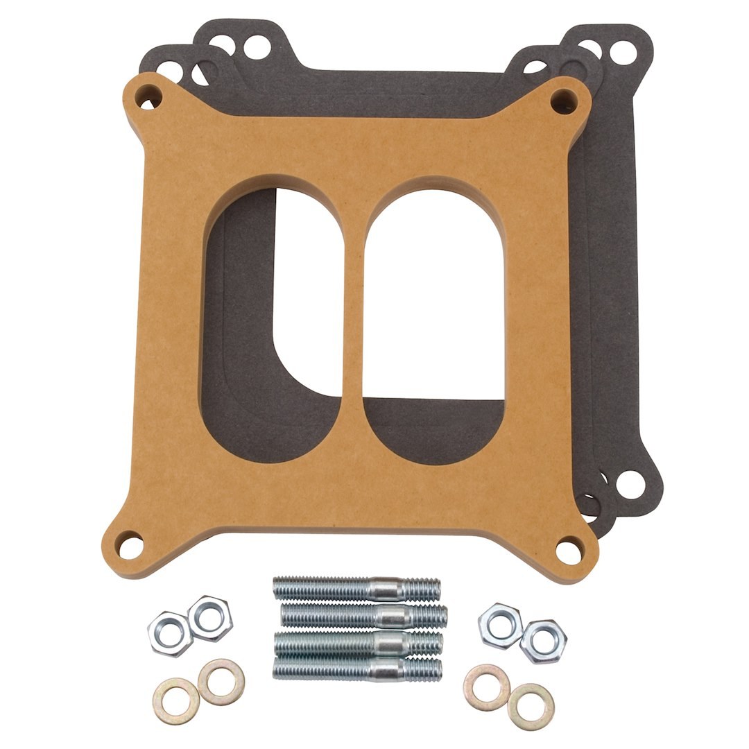 Edelbrock Carburetor Spacer, For Use with Square Bore Flange, Open Center, 1/2 Inch Thick, Laminate, Wood Fiber, With Gasket, Studs and Washers – 8725
