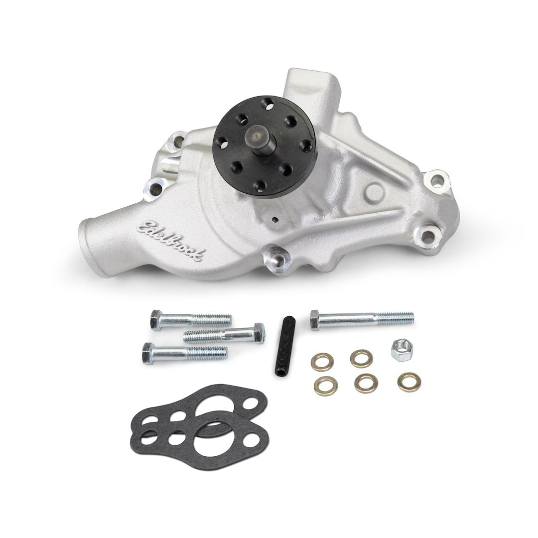 Edelbrock Water Pump, For Use with Chevrolet Small Block Engines, Short, Satin, Aluminum, V-Belt, Standard Rotation – 88100