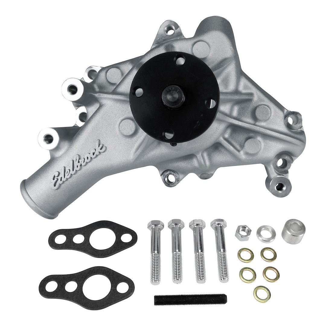 Edelbrock Water Pump, For Use with Chevrolet Small Block Engines, Long, Satin, Aluminum, V-Belt, Standard Rotation – 88110