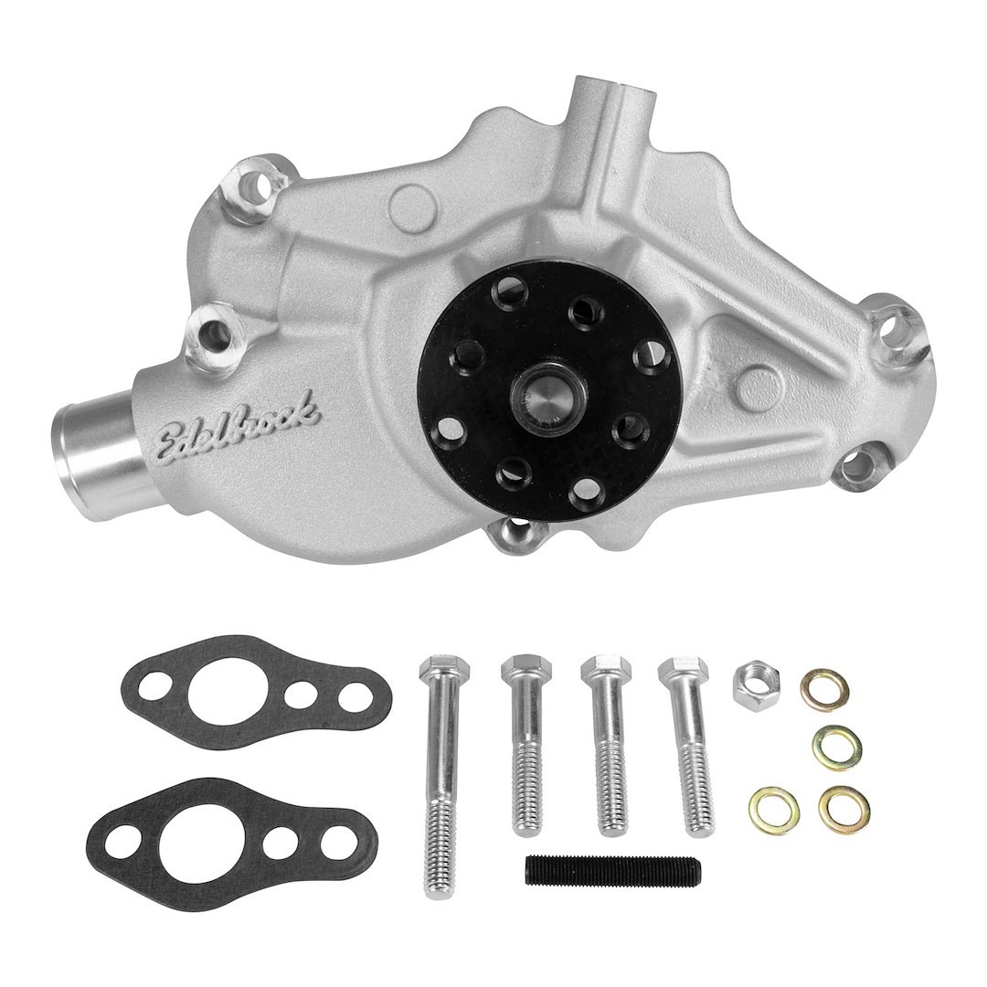 Edelbrock Water Pump, For Use with Chevrolet Small Block Engines, Short, Satin, Aluminum, V-Belt, Reverse Rotation – 88150
