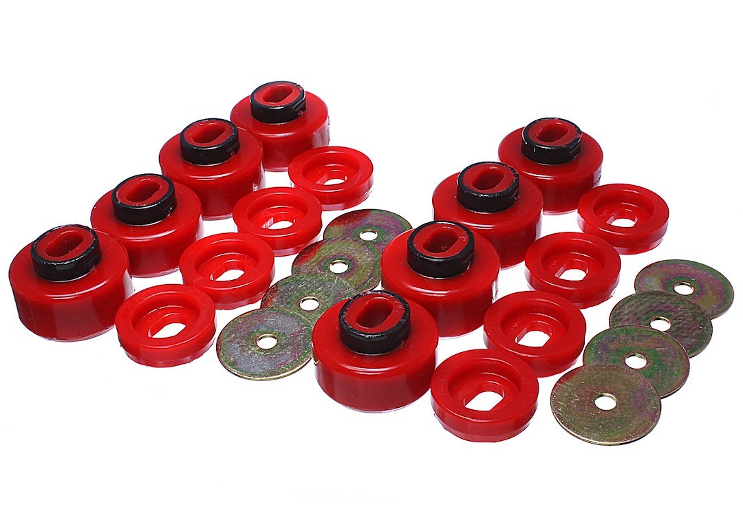 Energy Suspension Body Mount Bushings, Red, Polyurethane, Includes Bushing/Sleeves/Application Grease – 3.4162R