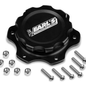 Earl’s Fuel Cell Cap, For Jaz Style 6 Bolt Fuel Cells, 4.438 Inch 6 Bolt Flange, Anodized, Black, Billet Aluminum, With Earl’s Logo – 166016ERL