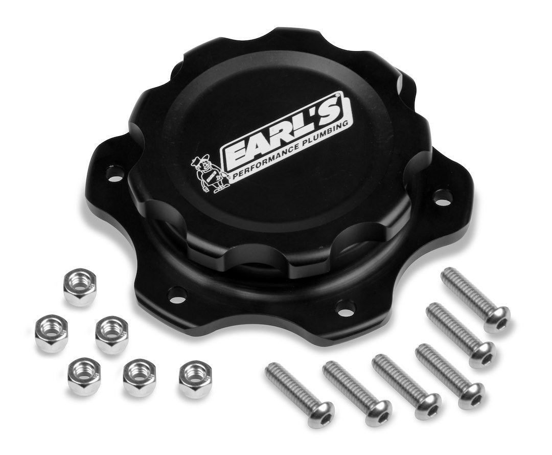 Earl’s Fuel Cell Cap, For Jaz Style 6 Bolt Fuel Cells, 4.438 Inch 6 Bolt Flange, Anodized, Black, Billet Aluminum, With Earl’s Logo – 166016ERL