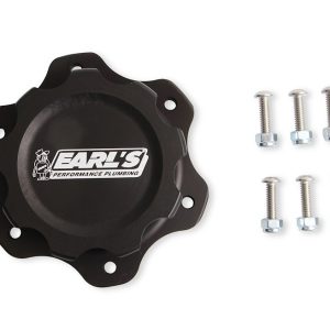 Earl’s Fuel Cell Cap, For Jaz Style 6 Bolt Fuel Cells, 4.438 Inch 6 Bolt Flange, Anodized, Black, Billet Aluminum, With Earl’s Logo – 166016ERL