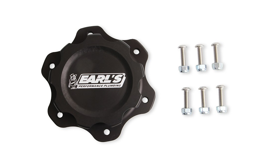 Earl’s Fuel Cell Cap, For Jaz Style 6 Bolt Fuel Cells, 4.438 Inch 6 Bolt Flange, Anodized, Black, Billet Aluminum, With Earl’s Logo – 166016ERL