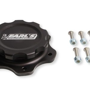 Earl’s Fuel Cell Cap, For Jaz Style 6 Bolt Fuel Cells, 4.438 Inch 6 Bolt Flange, Anodized, Black, Billet Aluminum, With Earl’s Logo – 166016ERL