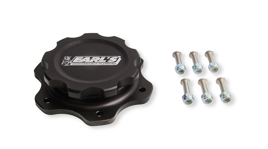 Earl’s Fuel Cell Cap, For Jaz Style 6 Bolt Fuel Cells, 4.438 Inch 6 Bolt Flange, Anodized, Black, Billet Aluminum, With Earl’s Logo – 166016ERL