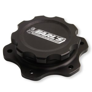 Earl’s Fuel Cell Cap, For Jaz Style 6 Bolt Fuel Cells, 4.438 Inch 6 Bolt Flange, Anodized, Black, Billet Aluminum, With Earl’s Logo – 166016ERL