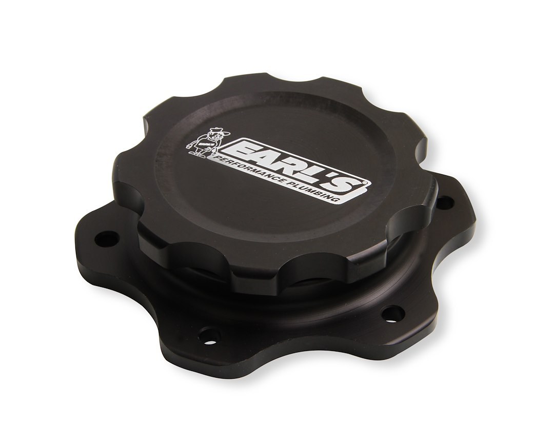 Earl’s Fuel Cell Cap, For Jaz Style 6 Bolt Fuel Cells, 4.438 Inch 6 Bolt Flange, Anodized, Black, Billet Aluminum, With Earl’s Logo – 166016ERL