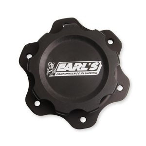 Earl’s Fuel Cell Cap, For Jaz Style 6 Bolt Fuel Cells, 4.438 Inch 6 Bolt Flange, Anodized, Black, Billet Aluminum, With Earl’s Logo – 166016ERL