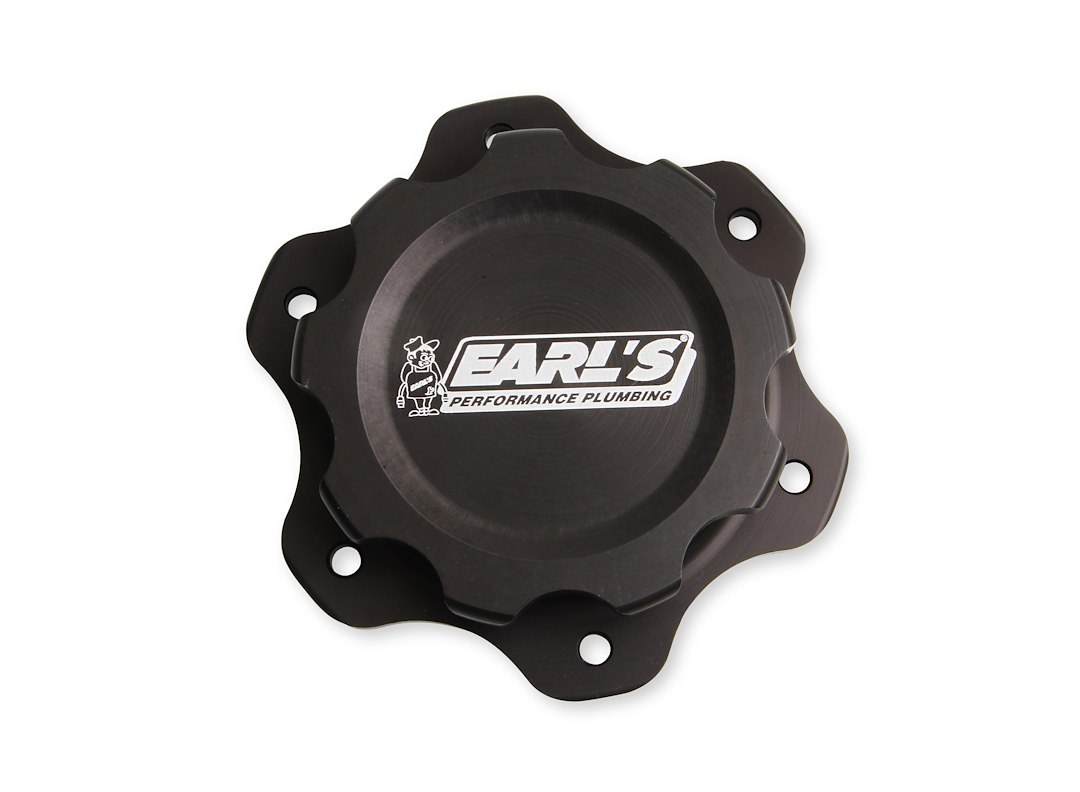Earl’s Fuel Cell Cap, For Jaz Style 6 Bolt Fuel Cells, 4.438 Inch 6 Bolt Flange, Anodized, Black, Billet Aluminum, With Earl’s Logo – 166016ERL