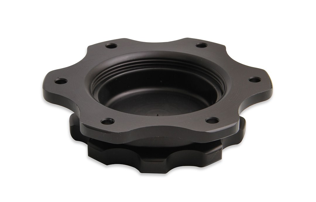Earl’s Fuel Cell Cap, For Jaz Style 6 Bolt Fuel Cells, 4.438 Inch 6 Bolt Flange, Anodized, Black, Billet Aluminum, With Earl’s Logo – 166016ERL