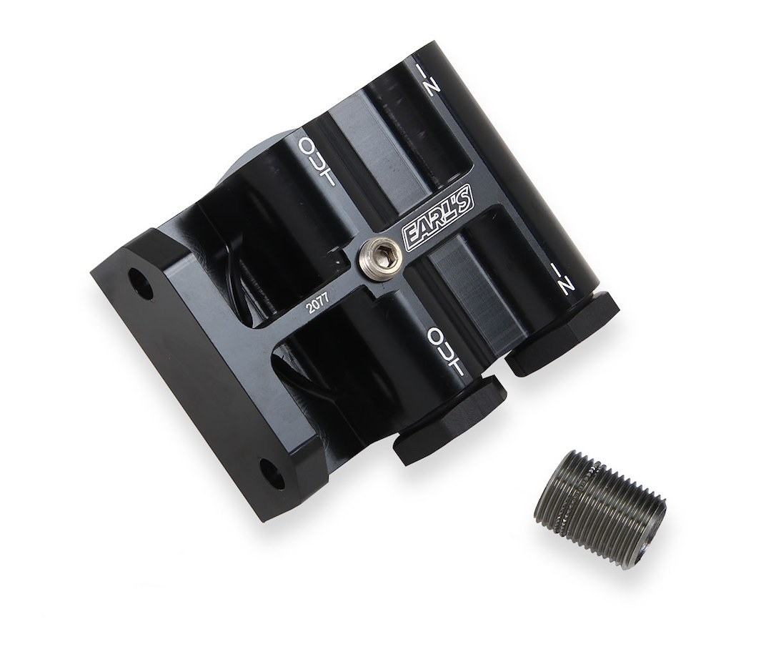 Earl’s Oil Filter Relocation Bracket, Dual Remote Filter, 7/8-14 Pipe Thread Inlet/ Outlet, Used for Fram PH-8 or HP-1 Filters – 2077ERL