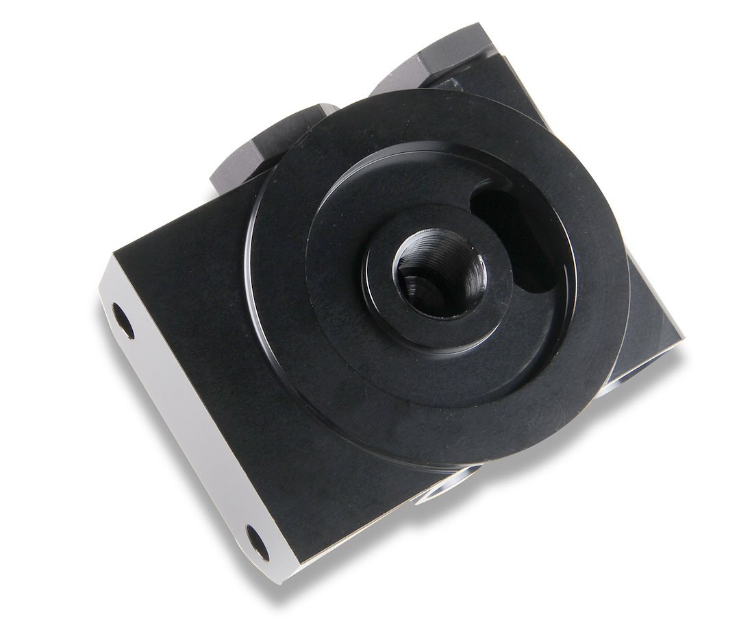 Earl’s Oil Filter Relocation Bracket, Dual Remote Filter, 7/8-14 Pipe Thread Inlet/ Outlet, Used for Fram PH-8 or HP-1 Filters – 2077ERL