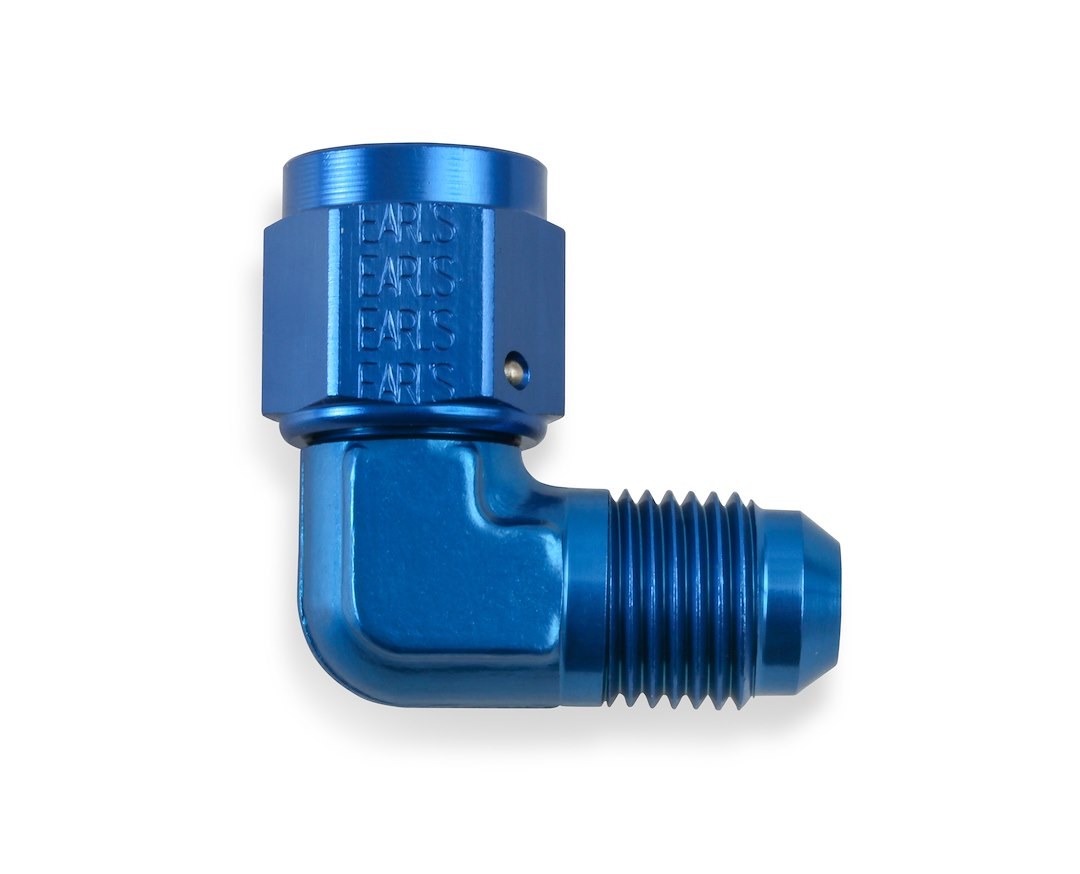 Earl’s Adapter Fitting, 90 Degree -6 AN Female Swivel to -6 AN Male, Anodized, Blue, Aluminum, Single, Bagged Packaging – 921106ERL