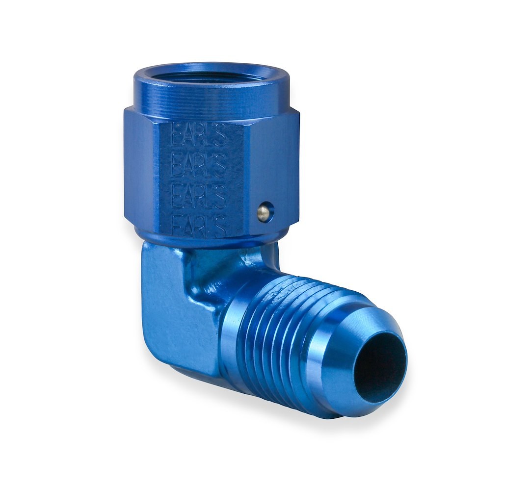 Earl’s Adapter Fitting, 90 Degree -6 AN Female Swivel to -6 AN Male, Anodized, Blue, Aluminum, Single, Bagged Packaging – 921106ERL