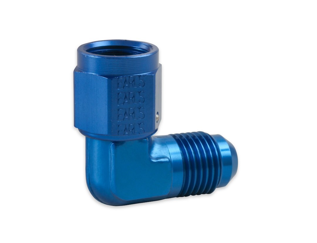 Earl’s Adapter Fitting, 90 Degree -6 AN Female Swivel to -6 AN Male, Anodized, Blue, Aluminum, Single, Bagged Packaging – 921106ERL