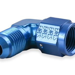 Earl’s Adapter Fitting, 90 Degree -6 AN Female Swivel to -6 AN Male, Anodized, Blue, Aluminum, Single, Bagged Packaging – 921106ERL