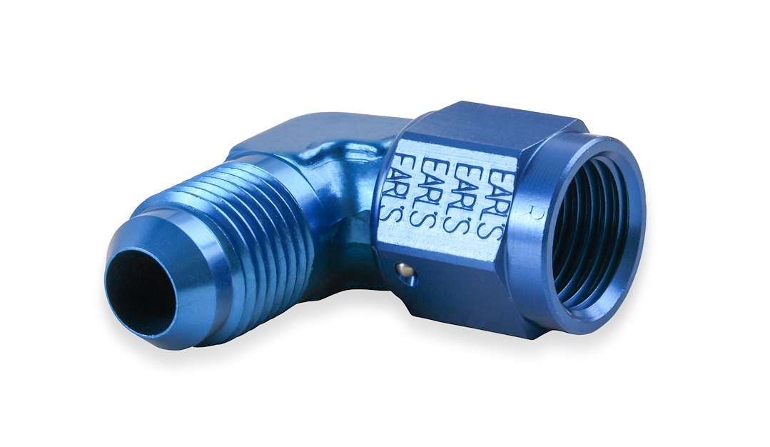 Earl’s Adapter Fitting, 90 Degree -6 AN Female Swivel to -6 AN Male, Anodized, Blue, Aluminum, Single, Bagged Packaging – 921106ERL