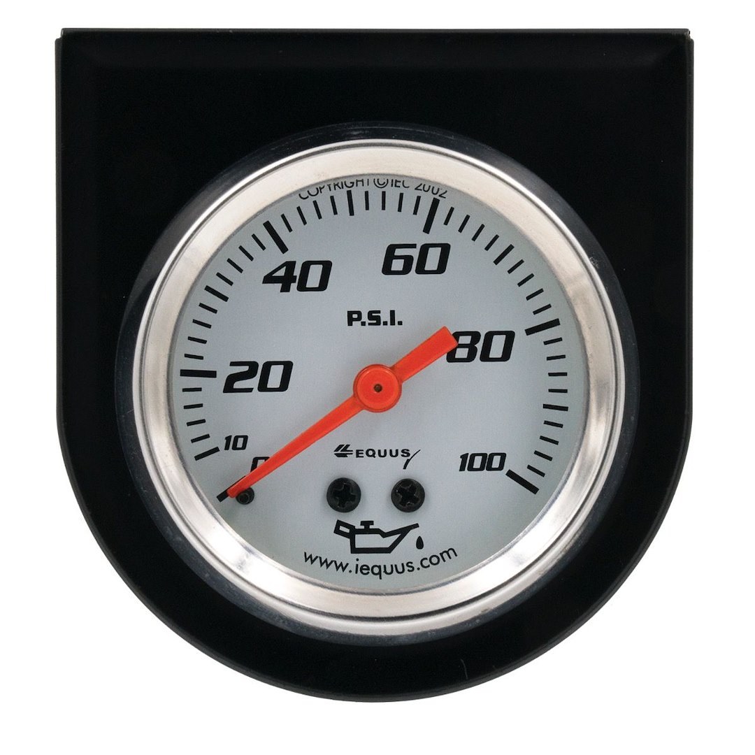 Equus Gauge Oil Pressure, 5000 Series, 2 Inch, Full Sweep Mechanical, Analog Display, 0-100 PSI, White Face/Chrome Bezel/Orange Needle – E5244