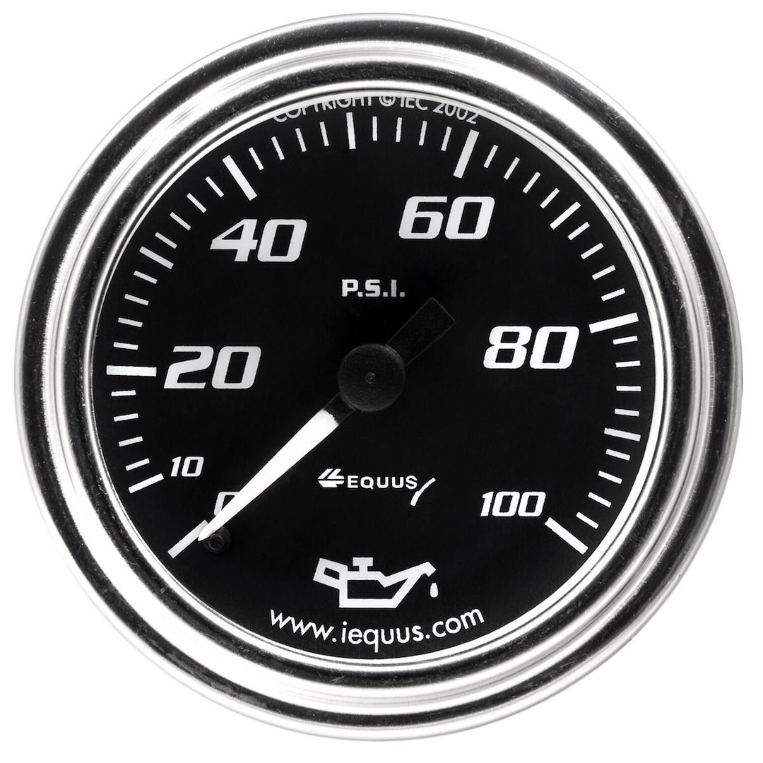 Equus Gauge Oil Pressure, 7000 Series, 2-1/16 Inch, Full Sweep Mechanical, Analog, 0-100 PSI, Without Warning Indicator – E7244