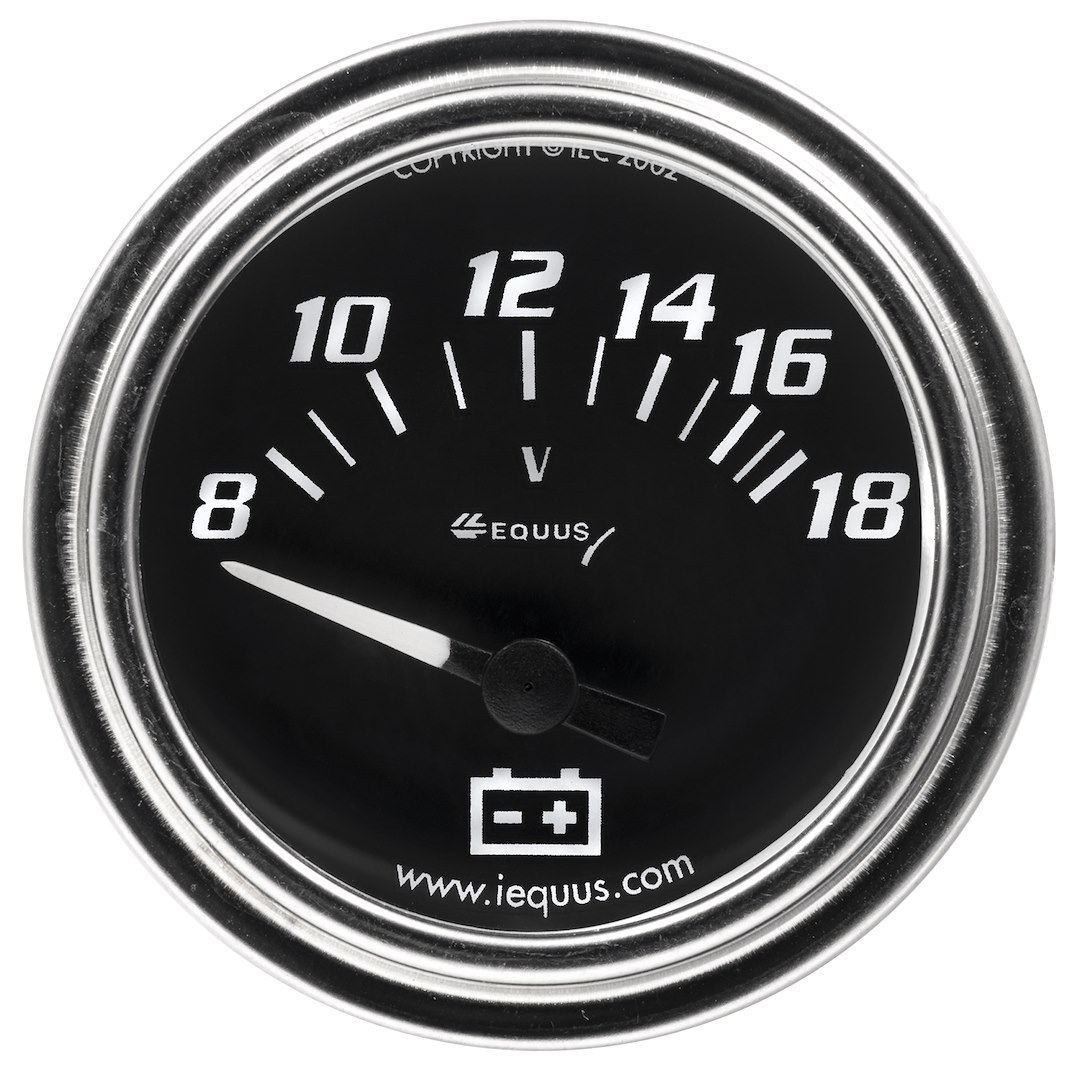 Equus Gauge Voltmeter, 7000 Series, 2-1/16 Inch, Short Sweep, Analog, 8-18 Volts, Black Face/Chrome Bezel/White Needle – E7268