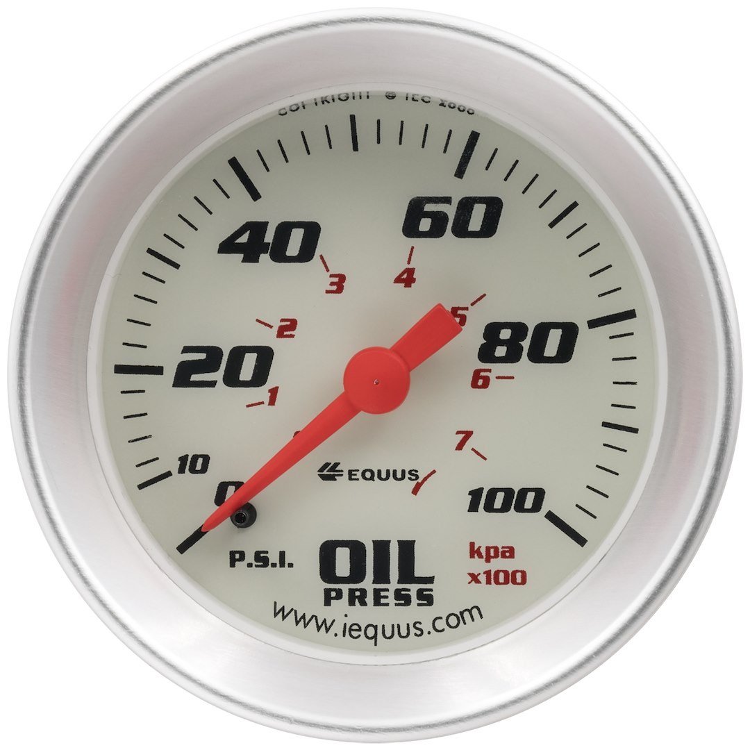 Equus Gauge Oil Pressure, 8000 Series, 2-1/16 Inch, Full Sweep Mechanical, Analog, 0-100 PSI, Without Warning Indicator – E8244