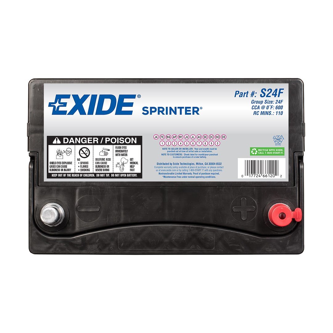 Exide Bat. Battery, Sprinter Classic, 24F Bci Group Size, 12 Volts, 600 Cold Cranking Amps, 750 Cranking Amps – S24F