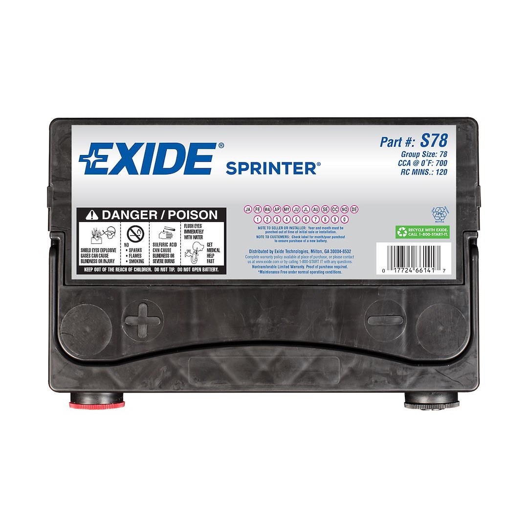 Exide Bat. Battery, Sprinter Classic, 78 Bci Group Size, 12 Volts, 700 Cold Cranking Amps, 875 Cranking Amps – S78