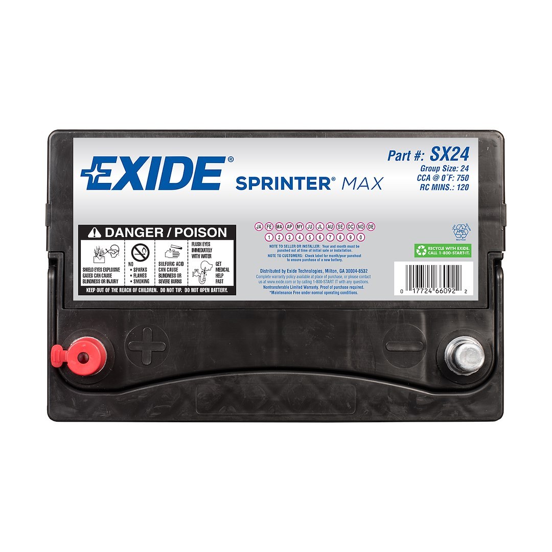 Exide Bat. Battery, Sprinter Max Select, 24 Bci Group Size, 12 Volts, 750 Cold Cranking Amps, 900 Hot Cranking Amps – SX24