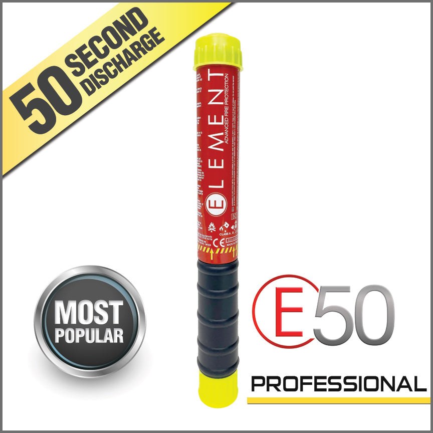 Element Fire Extinguisher, E50, Gaseous Extinguishing Agent, Ce/ Rina Approved, Aluminum/ Plastic, Red with Black Handle – 40050
