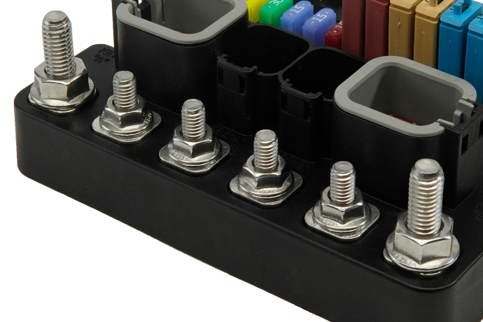 Egis Mobile Fuse Block, Mt Series, 250 Amps, With 12 Circuit Positions, Uses Atm/Mini Blade Style Fuses, With Protective Cover – 3412B