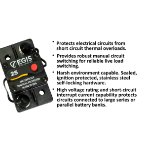 Egis Mobile Circuit Breaker, 25 Amp, Switchable/ Manual Reset, Single, 48 Volt DC, Surface Mount – 4703-025