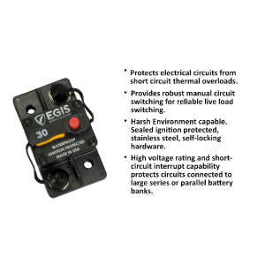 Egis Mobile Circuit Breaker, 30 Amp, Switchable/ Manual Reset, Single, 48 Volt DC, Surface Mount – 4703-030