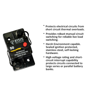 Egis Mobile Circuit Breaker, 50 Amp, Switchable/ Manual Reset, Single, 48 Volt DC, Surface Mount – 4703-050