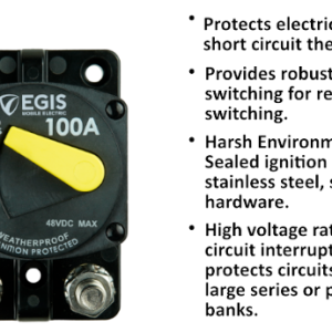 Egis Mobile Circuit Breaker, 87 Series, 100 Amp, Switchable/ Manual Reset, Single, 48 Volt DC, Surface Mount – 4704-100