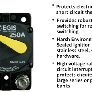 Egis Mobile Circuit Breaker, 87 Series, 250 Amp, Switchable/ Manual Reset, Single, 48 Volt DC, Surface Mount – 4704-250