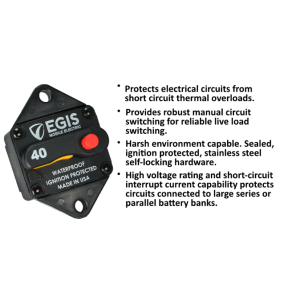 Egis Mobile Circuit Breaker, 40 Amp, Switchable/ Manual Reset, Single, 48 Volt DC, Panel Mount – 4706-040