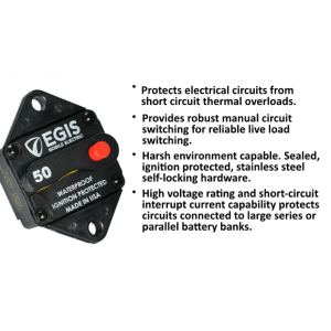 Egis Mobile Circuit Breaker, 50 Amp, Switchable/ Manual Reset, Single, 48 Volt DC, Panel Mount – 4706-050