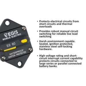 Egis Mobile Circuit Breaker, 60 Amp, Switchable/ Manual Reset, Single, 48 Volt DC, Panel Mount – 4706-060
