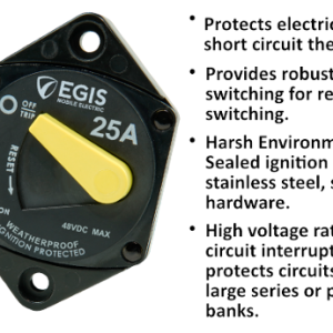 Egis Mobile Circuit Breaker, 87 Series, 25 Amp, Switchable/ Manual Reset, Single, 48 Volt DC, Panel Mount – 4707-025