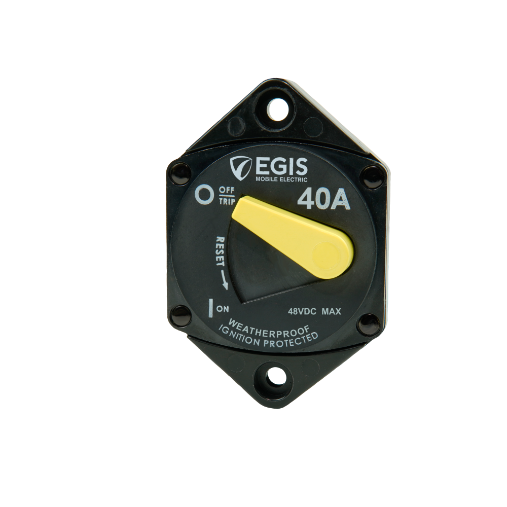 Egis Mobile Circuit Breaker, 87 Series, 40 Amp, Switchable/ Manual Reset, Single, 48 Volt DC, Panel Mount – 4707-040