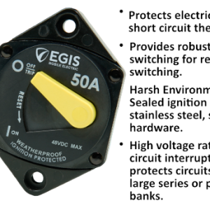 Egis Mobile Circuit Breaker, 87 Series, 50 Amp, Switchable/ Manual Reset, Single, 48 Volt DC, Panel Mount – 4707-050