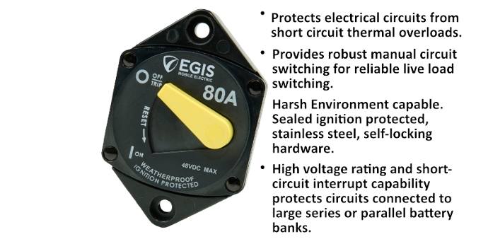 Egis Mobile Circuit Breaker, 87 Series, 80 Amp, Switchable/ Manual Reset, Single, 48 Volt DC, Panel Mount – 4707-080