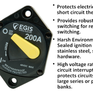 Egis Mobile Circuit Breaker, 87 Series, 200 Amp, Switchable/ Manual Reset, Single, 48 Volt DC, Panel Mount – 4707-200