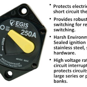 Egis Mobile Circuit Breaker, 87 Series, 250 Amp, Switchable/ Manual Reset, Single, 48 Volt DC, Panel Mount – 4707-250