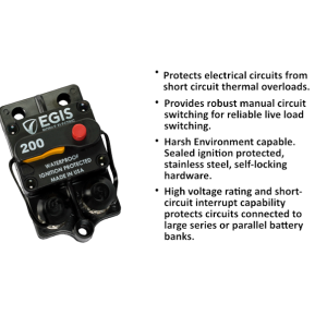 Egis Mobile Circuit Breaker, 200 Amp, Switchable/ Manual Reset, Single, 30 Volt DC, Surface Mount – 4709-200