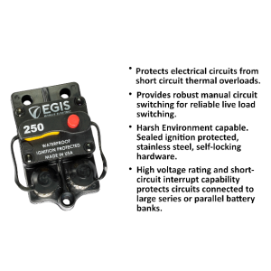 Egis Mobile Circuit Breaker, 250 Amp, Switchable/ Manual Reset, Single, 30 Volt DC, Surface Mount – 4709-250